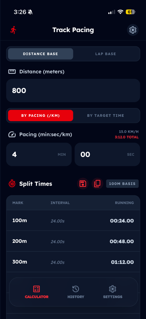 Track Pacing App Interface